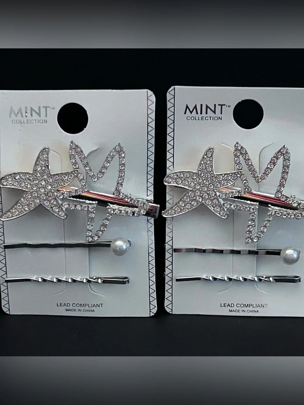 Mint Rhinestone Starfish Hair Clip Set of Two - Silver-tone w/Crystals and Pearl